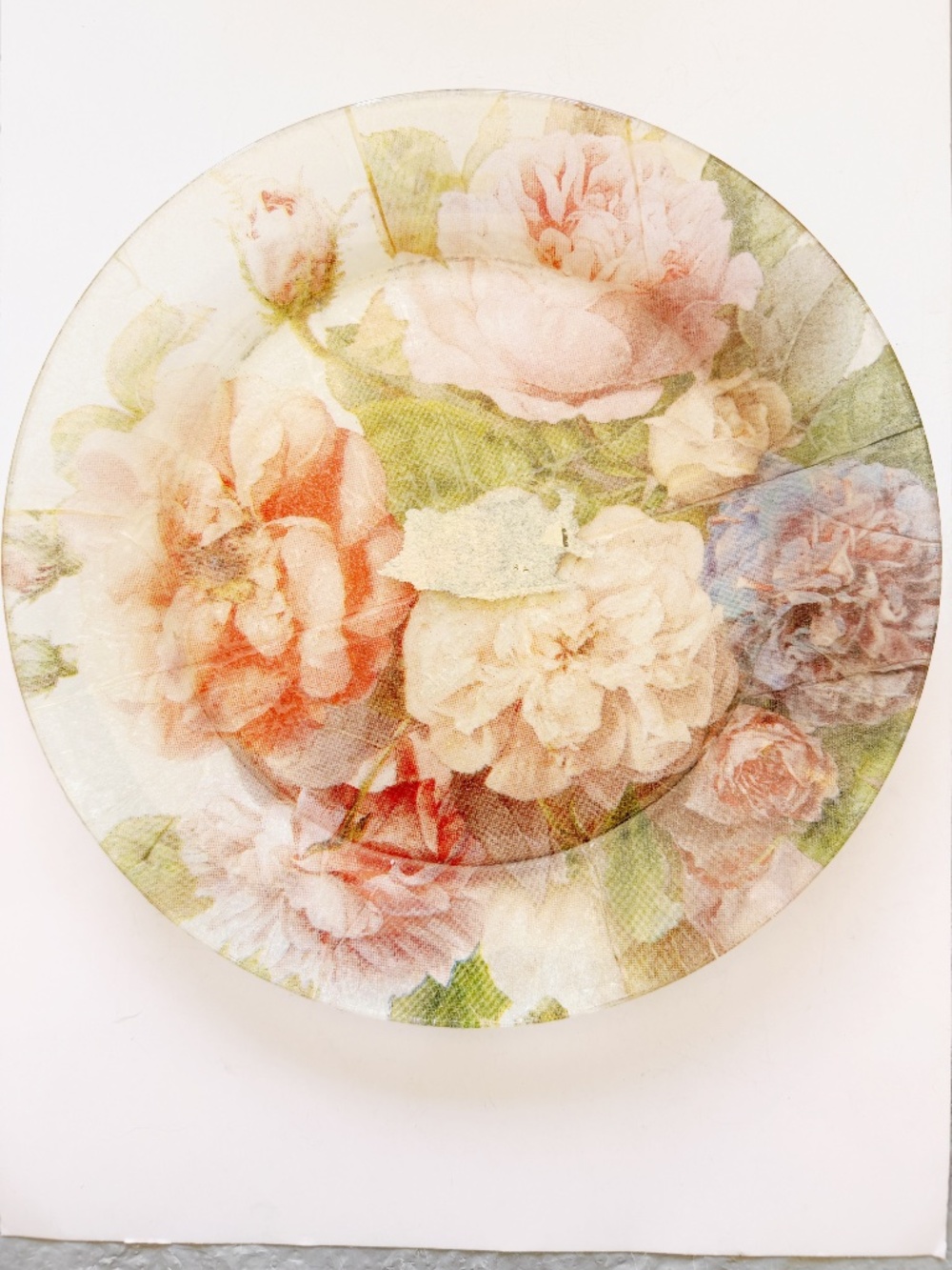 Vintage Decoupage Art Glass Plate 10 Inches Floral Bouquet Wall Hanging Decor